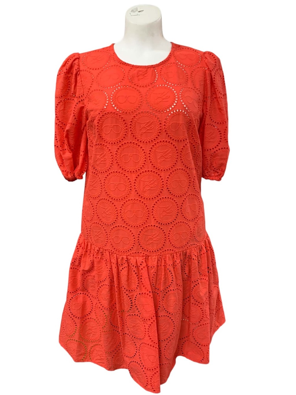 Karl Lagerfeld NWT Coral Red Eyelet Puff-Sleeve Mini Dress Size S